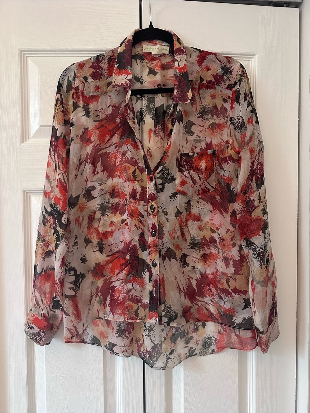 Sheer Abstract Floral Button-Down Blouse in Red, Pink, Black